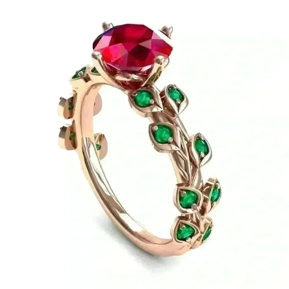 NEW Beautiful 14k Rose Gold Over Silver Ruby Emerald Rose Ring - Picture 1 of 4